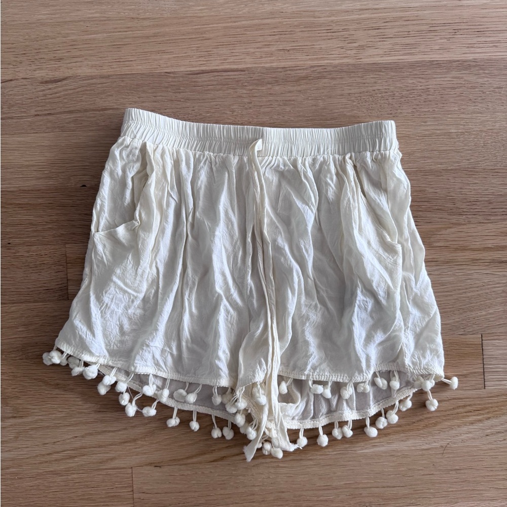 Women's White Pom-Pom Trim Shorts
